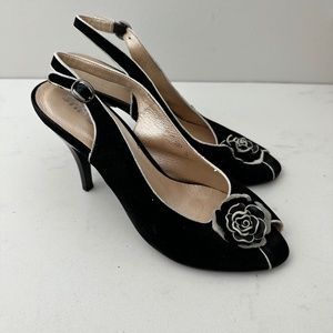 SAKO-OR Black Suede Rosette Slingback Peep Toe Heels